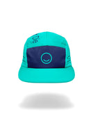 Turquoise and navy cap with a smiley face design on a white background