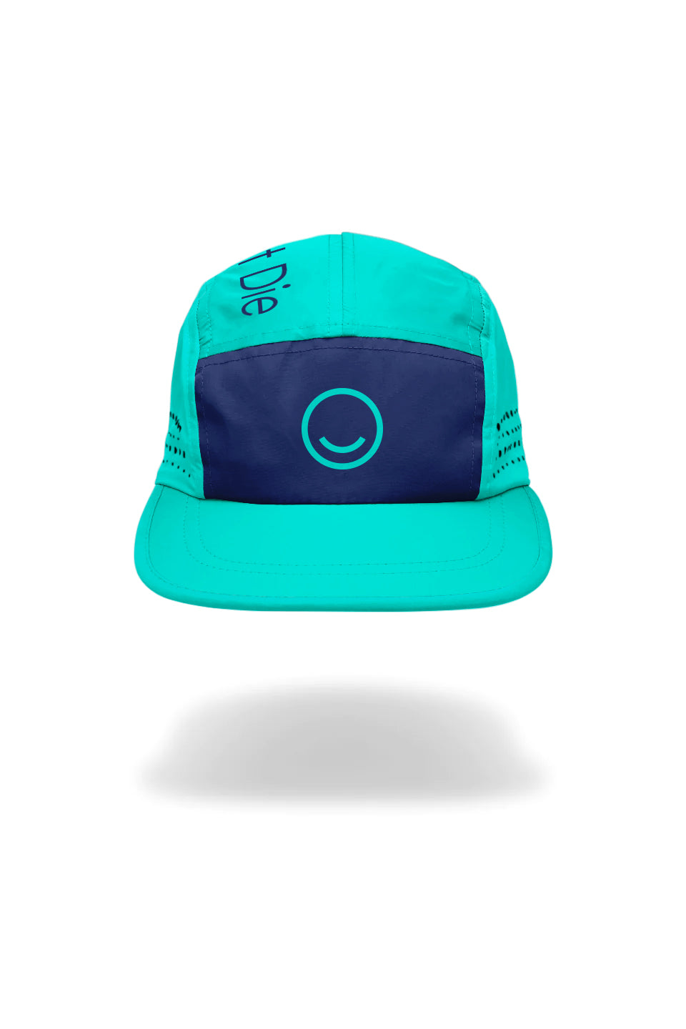 Turquoise and navy cap with a smiley face design on a white background